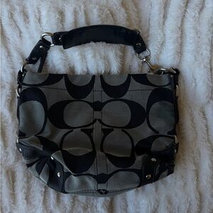 Y2K Coach Canvas Black and Grey Shoulder Bag with Silver Accents Worn**